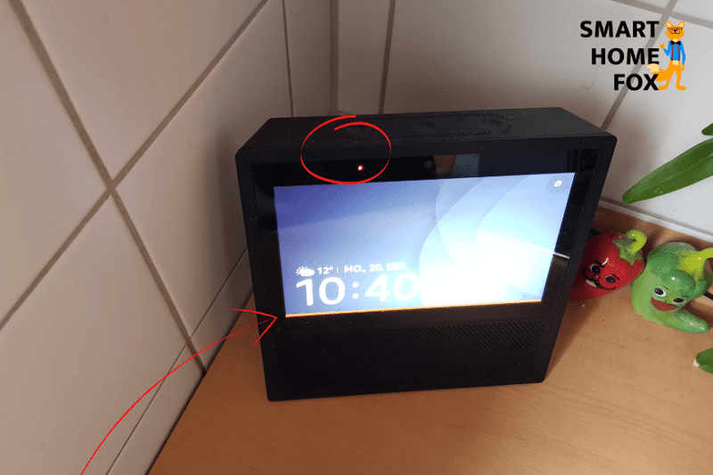The red light is glowing on the Amazon Echo Show